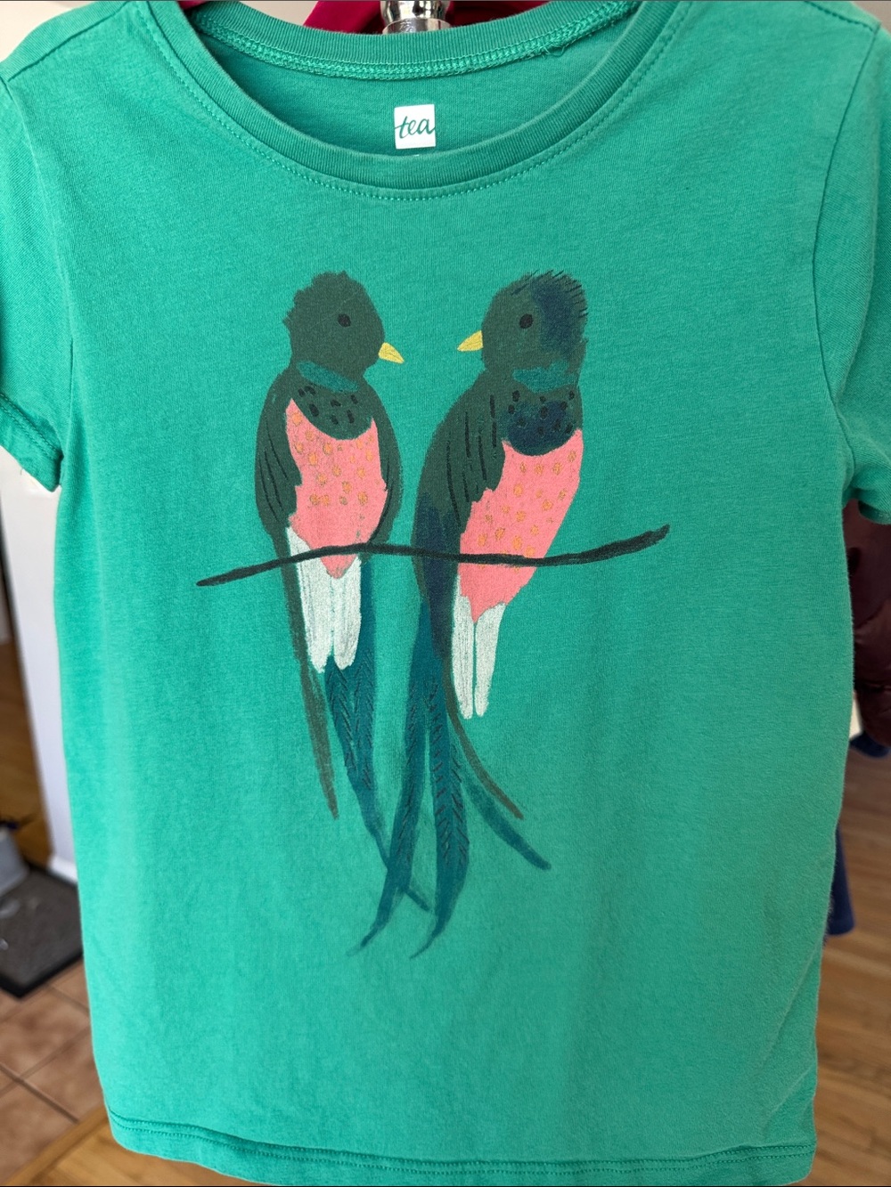 Tea Collection Teal Green Tee with Pink Bird Pair Graphic